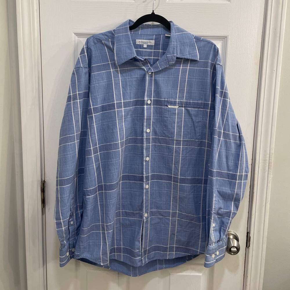 Alex Cannon 100% Cotton Blue and White Plaid Button Down Shirt Size Large